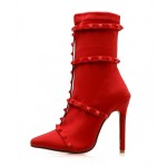 Red Square Studs Pointed Head Stiletto High Heels Boots Shoes